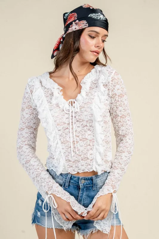 CT10669K / SHEER LACE RUFFLED TIE FRONT LONG SLEEVE TOP made by privy