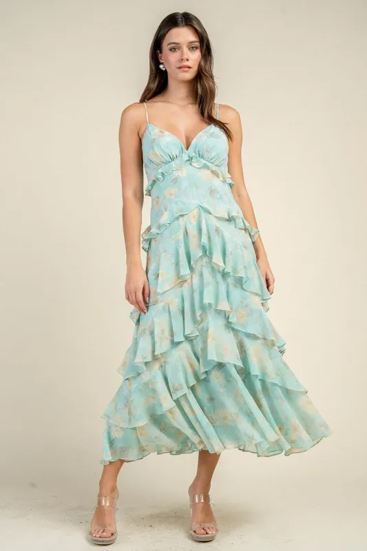 CD30968S / FLORAL PRINT RUFFLED LAYERED MAXI DRESS made by privy