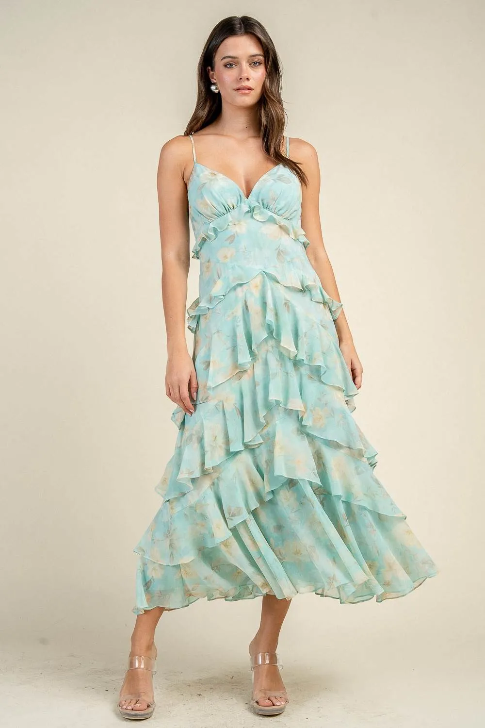 CD30968S / FLORAL PRINT RUFFLED LAYERED MAXI DRESS sold by privy