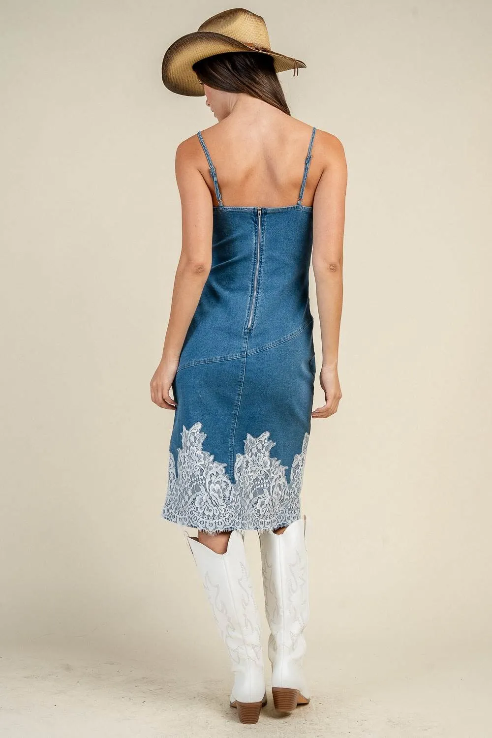 CD30916D / LACE TRIM DENIM SLIP MIDI DRESS sold by privy product image thumbnail 3
