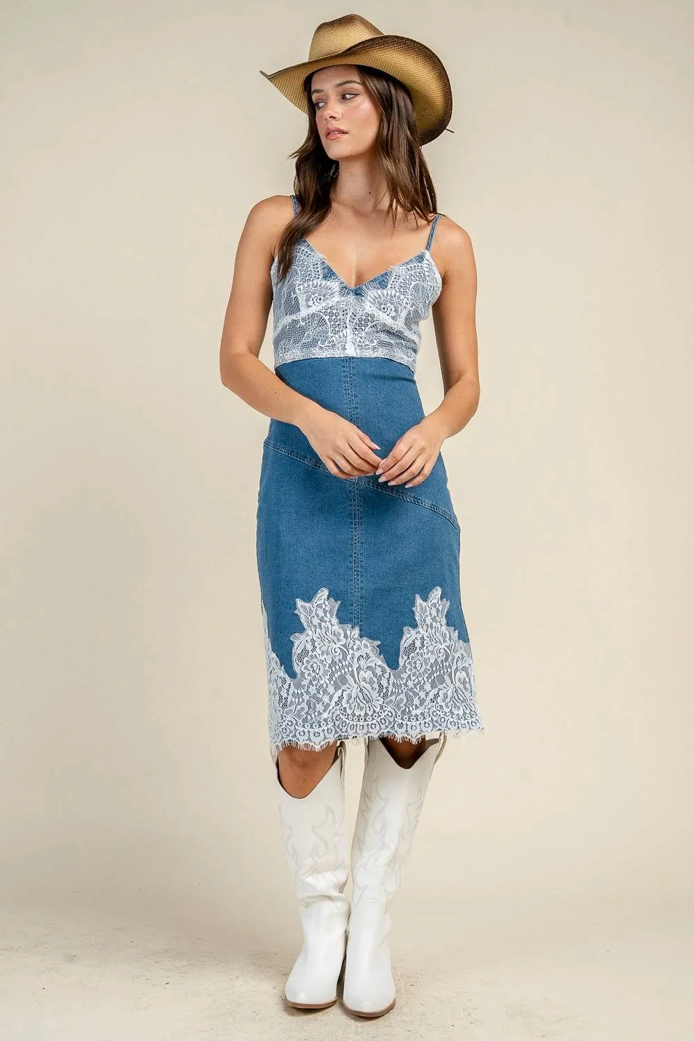 CD30916D / LACE TRIM DENIM SLIP MIDI DRESS sold by privy product image thumbnail 4
