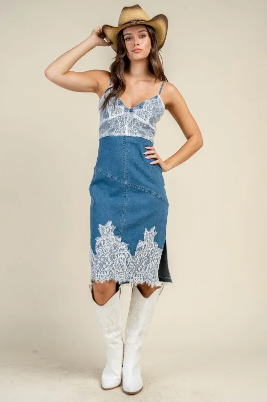 CD30916D / LACE TRIM DENIM SLIP MIDI DRESS made by privy