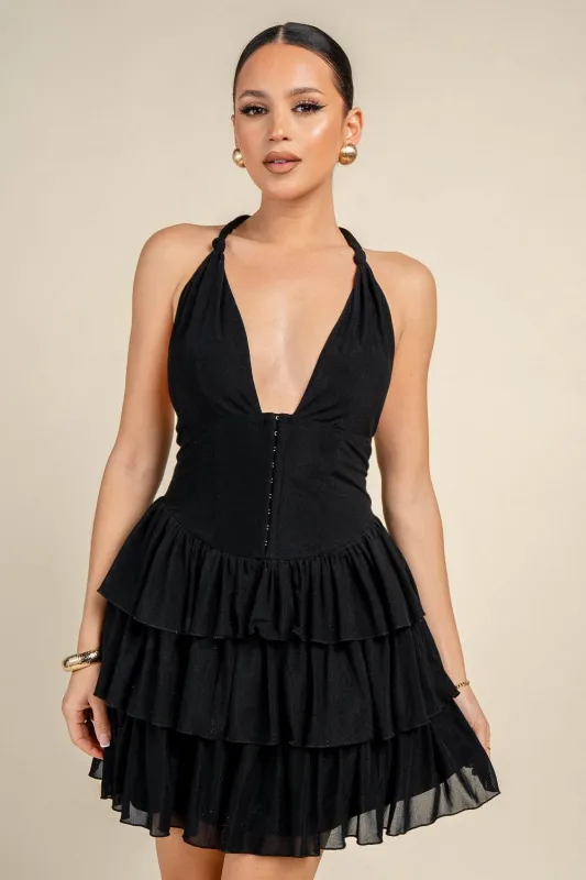 PD79702S / HALTER NECK CORSET RUFFLE MINI DRESS made by privy