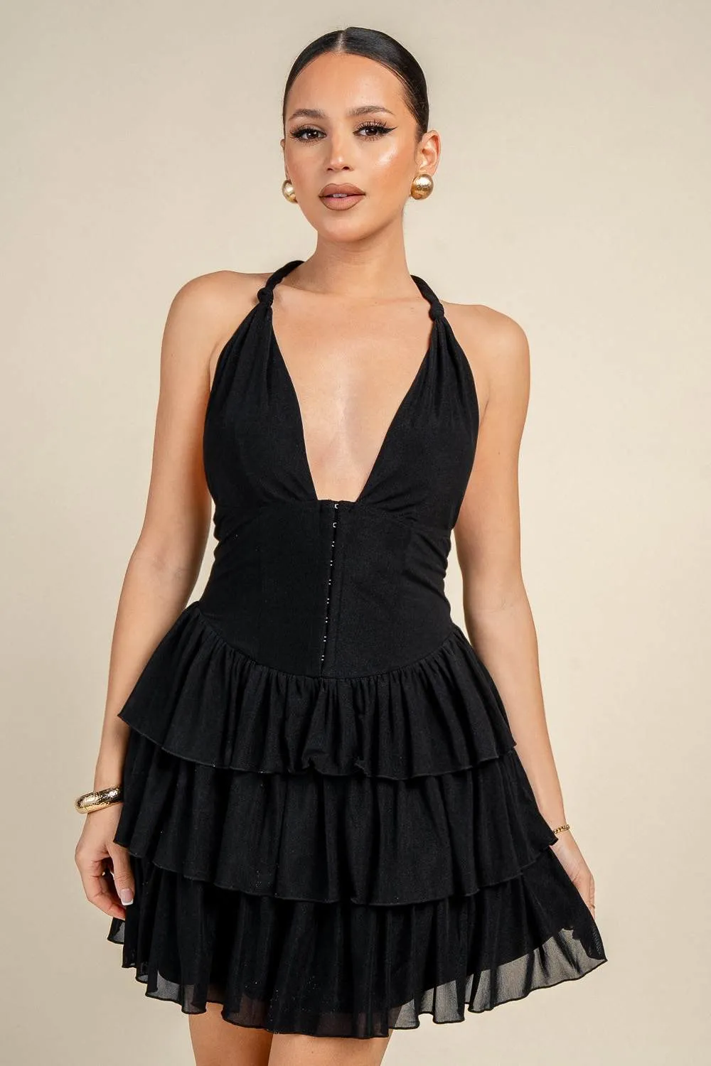 PD79702S / HALTER NECK CORSET RUFFLE MINI DRESS sold by privy