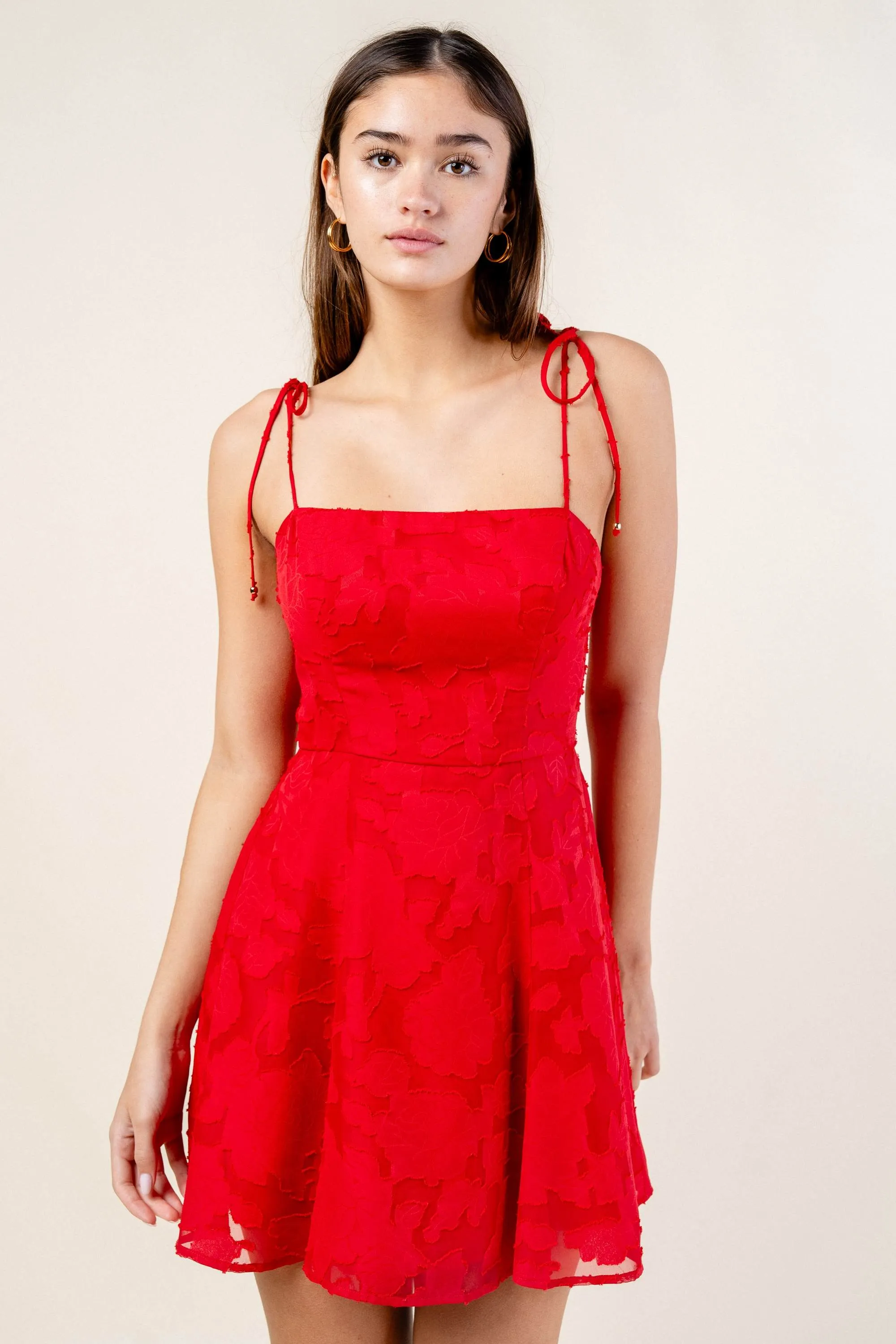 BD12231SST / ROSE TEXTURE BOW TIE STRAPS FIT &FLARE MINI DRESS sold by privy