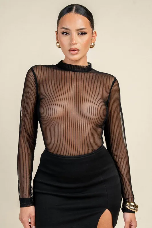 PT45729C / SHEER STRIPED MESH HIGH NECK BODYSUIT made by privy