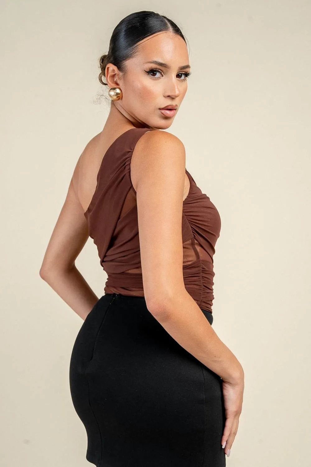 PT45689D / ONE SHOULDER RUCHED MESH TOP sold by privy product image thumbnail 3