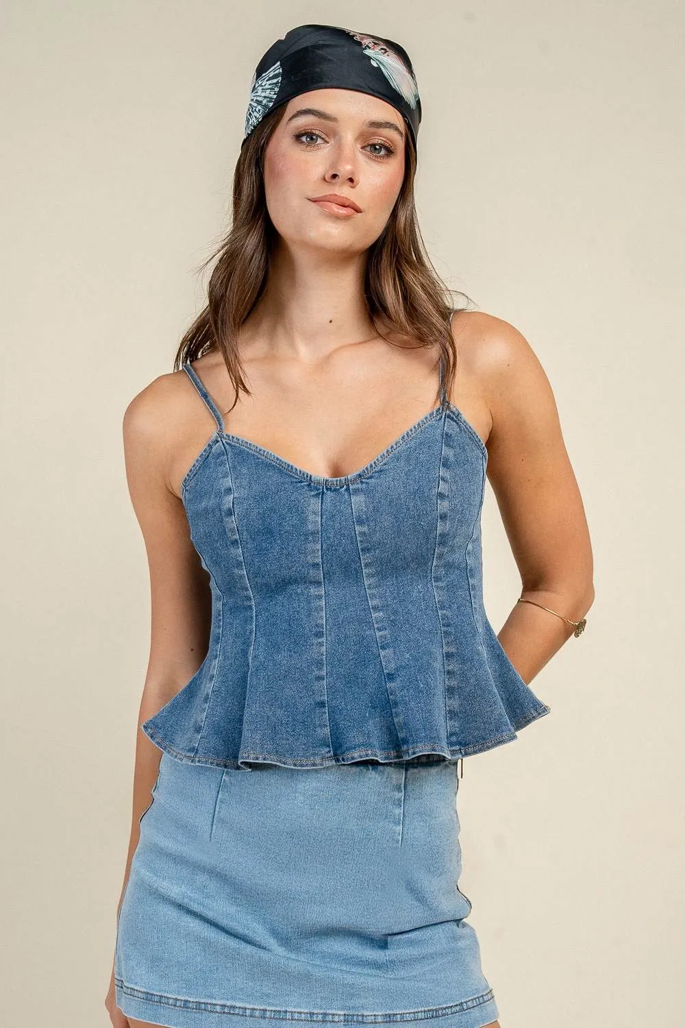 CT10941D / DENIM CORSET SEAM PEPLUM CAMI TOP sold by privy product image thumbnail 4