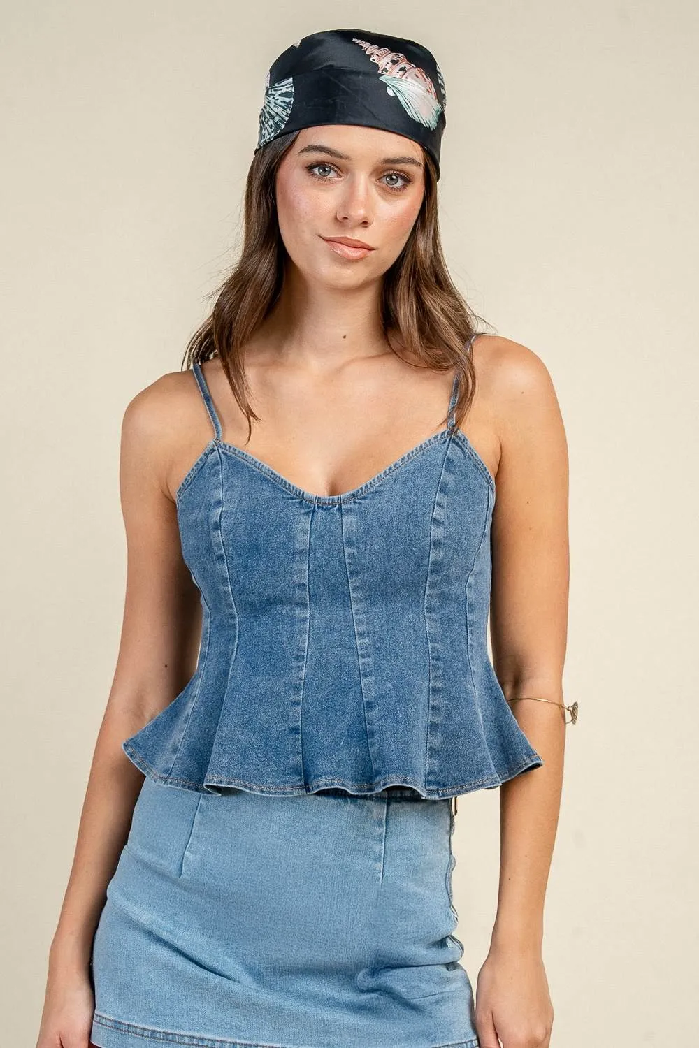 CT10941D / DENIM CORSET SEAM PEPLUM CAMI TOP sold by privy