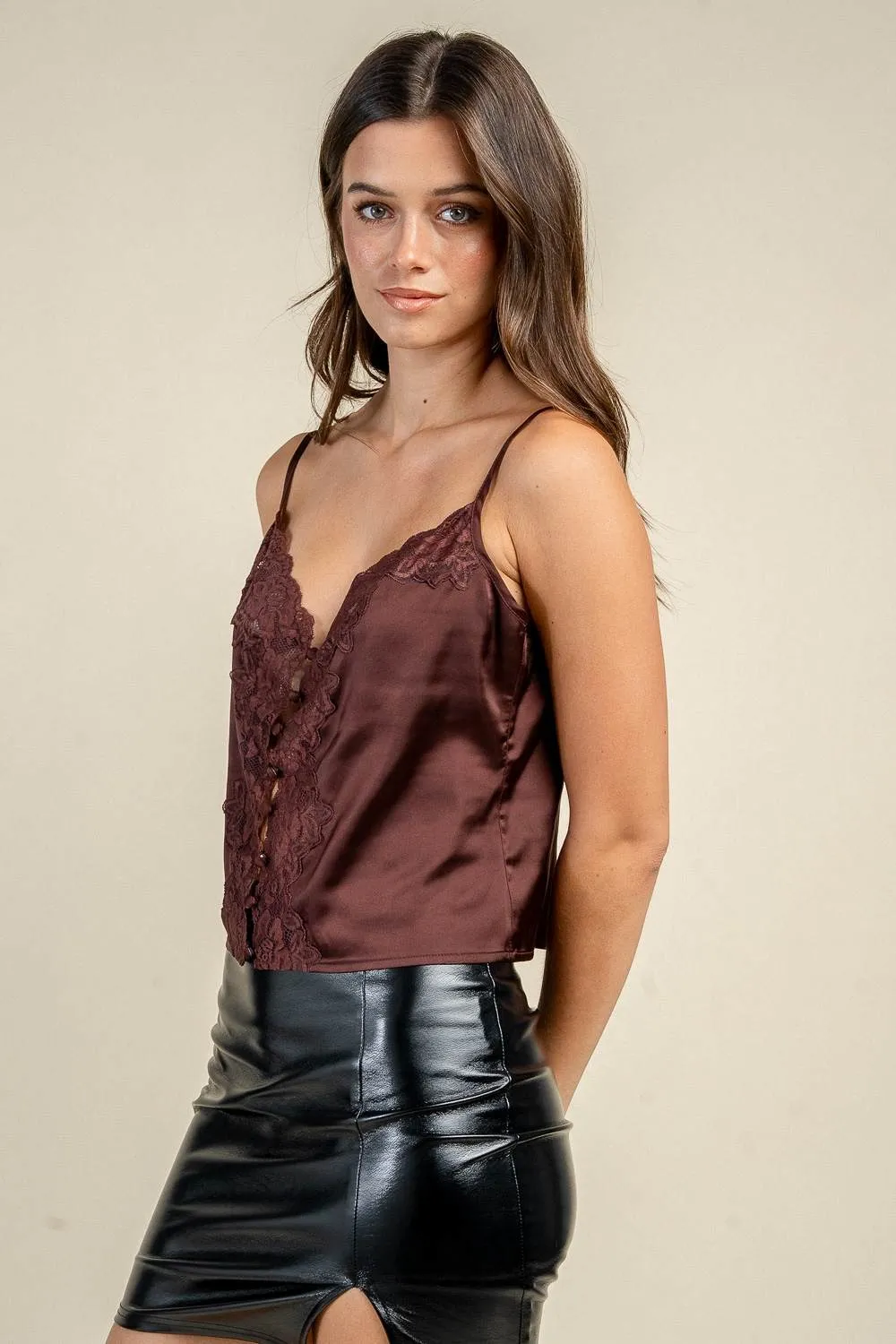CT10910D / SATIN LACE TRIM BUTTON FRONT CAMI TOP sold by privy product image thumbnail 2