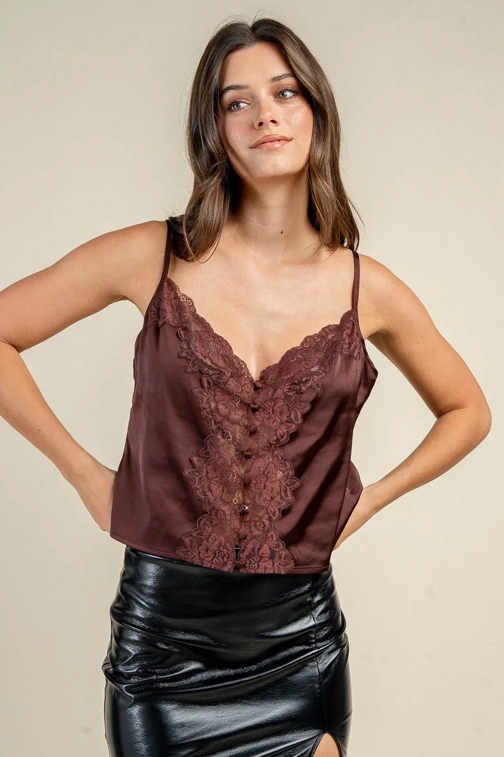 CT10910D / SATIN LACE TRIM BUTTON FRONT CAMI TOP sold by privy product image thumbnail 4