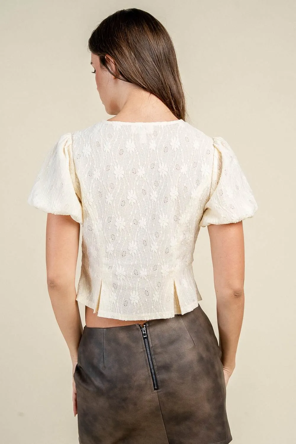 CT10779S / LACE TRIM BUTTON FRONT PUFF SLEEVE TOP sold by privy product image thumbnail 3