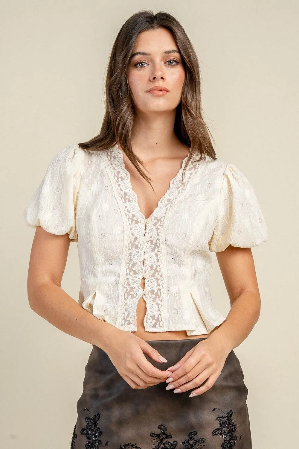 CT10779S / LACE TRIM BUTTON FRONT PUFF SLEEVE TOP sold by privy product image thumbnail 4