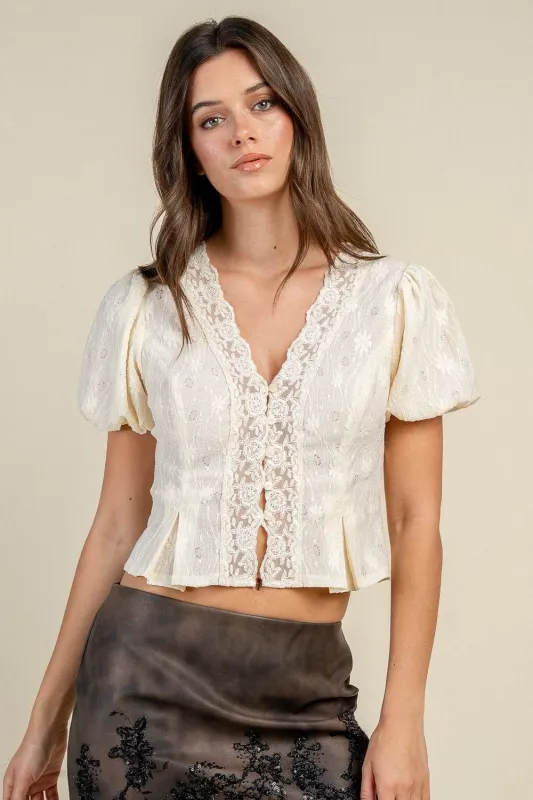 CT10779S / LACE TRIM BUTTON FRONT PUFF SLEEVE TOP made by privy