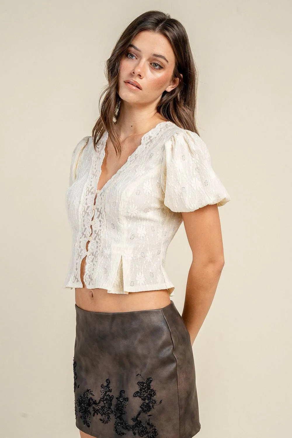 CT10779S / LACE TRIM BUTTON FRONT PUFF SLEEVE TOP sold by privy product image thumbnail 2