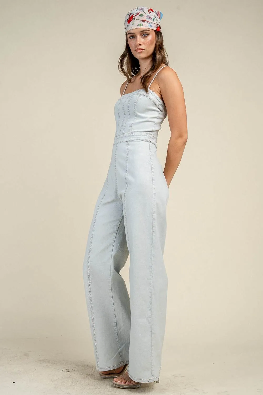 CJ40040D / DENIM CORSET SEAM STRAIGHT LEG JUMPSUIT sold by privy product image thumbnail 2