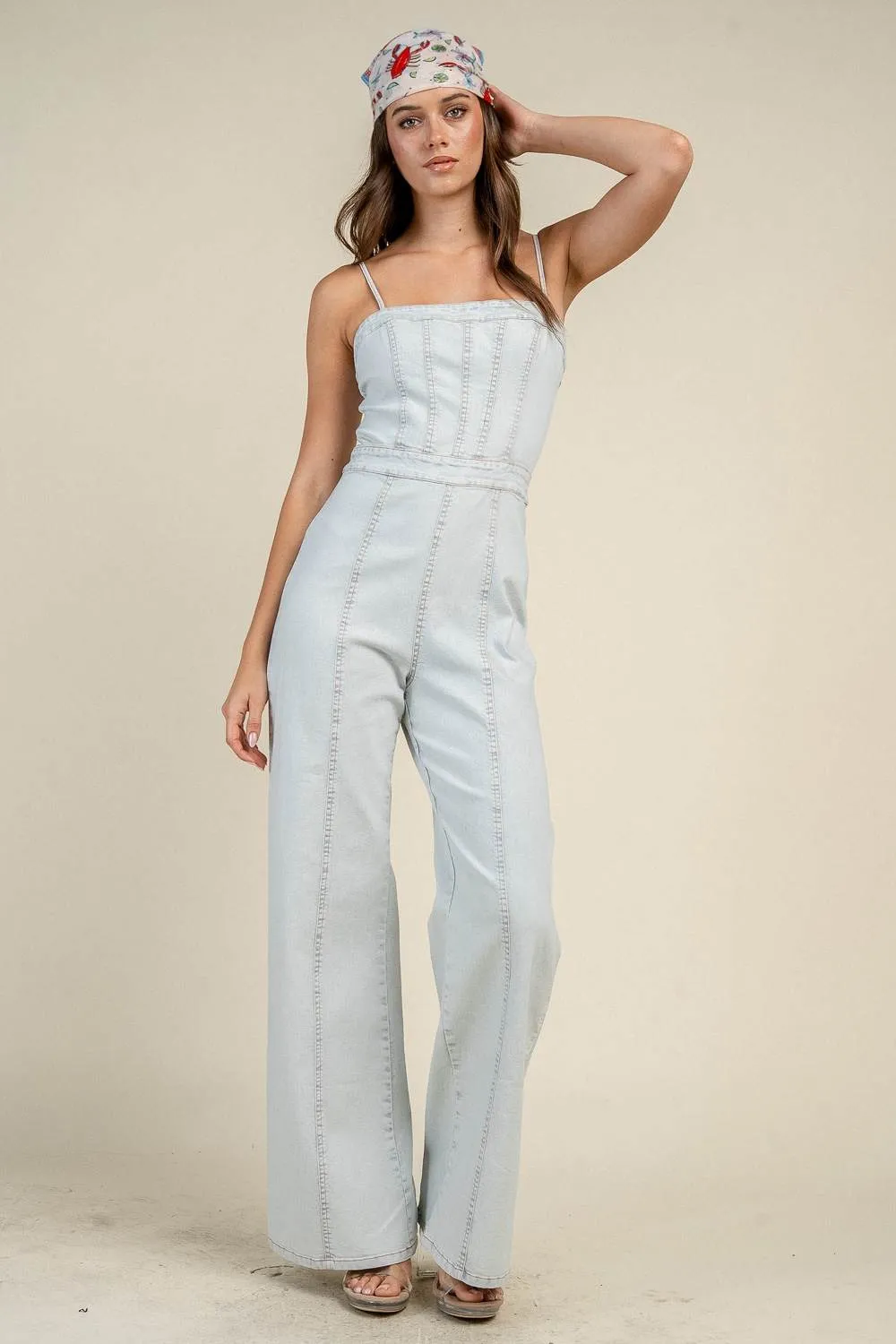 CJ40040D / DENIM CORSET SEAM STRAIGHT LEG JUMPSUIT sold by privy product image thumbnail 4