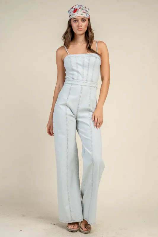 CJ40040D / DENIM CORSET SEAM STRAIGHT LEG JUMPSUIT made by privy