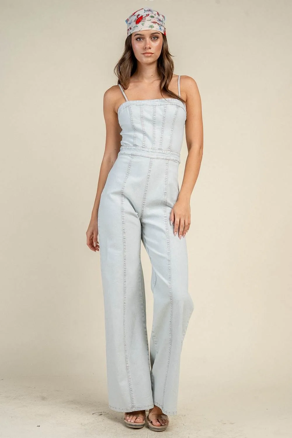 CJ40040D / DENIM CORSET SEAM STRAIGHT LEG JUMPSUIT sold by privy