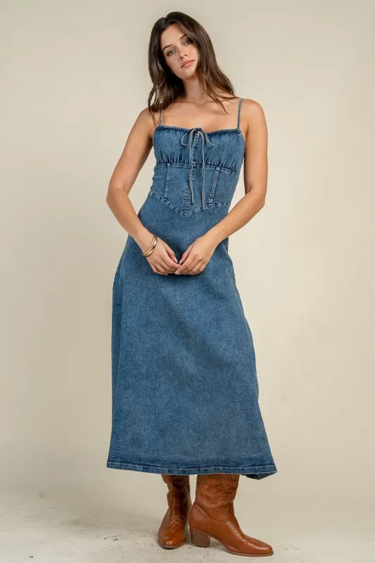 CD31087D / DENIM CORSET SEAM TIE FRONT MIDI DRESS made by privy