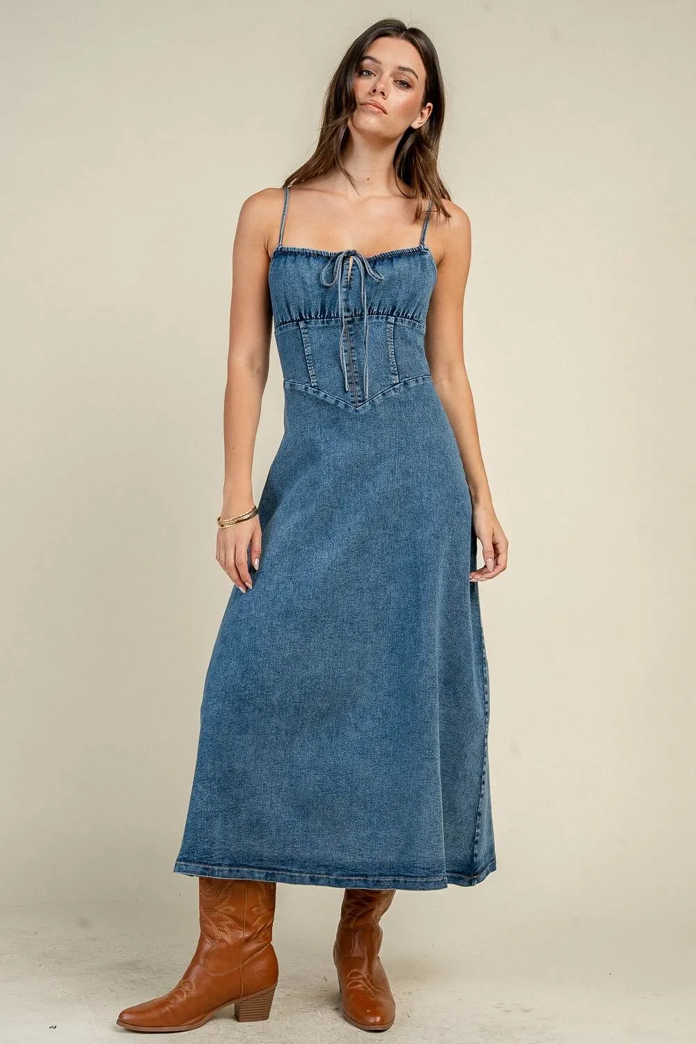 CD31087D / DENIM CORSET SEAM TIE FRONT MIDI DRESS sold by privy product image thumbnail 3
