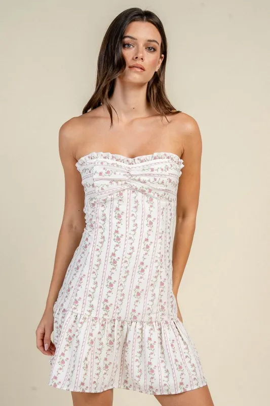 CD30756K / STRAPLESS FLORAL STRIPE RUCHED BODICE MINI DRESS made by privy