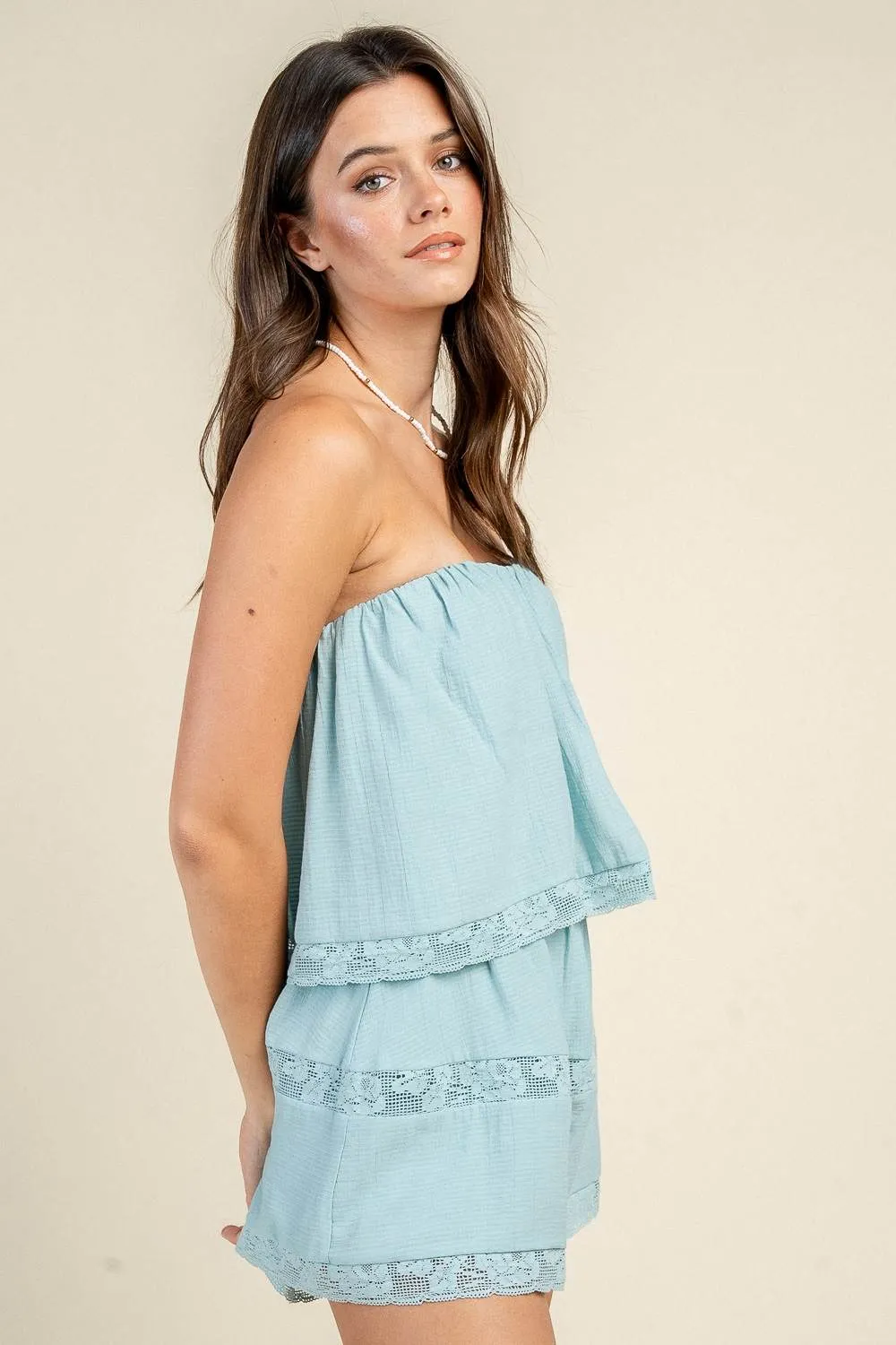 BJ7318K / STRAPLESS LACE TRIM TIERED ROMPER sold by privy product image thumbnail 2