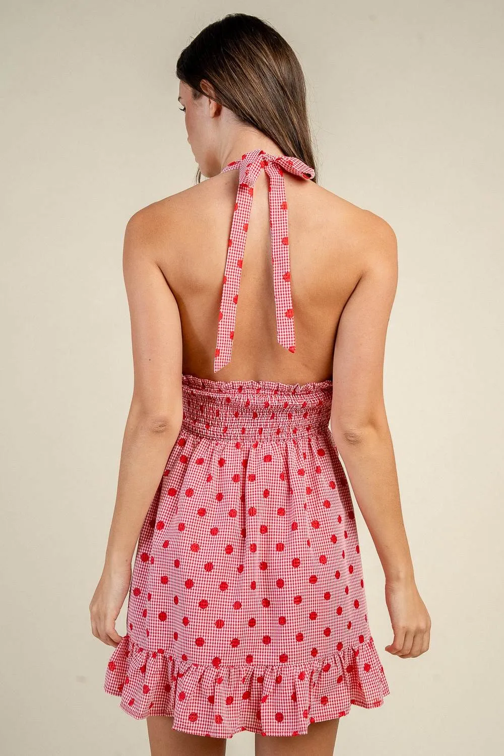 BD13227S / GINGHAM POLKA DOT TIE FRONT SMOCKED MINI DRESS sold by privy product image thumbnail 3