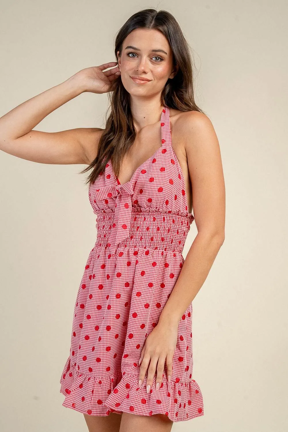 BD13227S / GINGHAM POLKA DOT TIE FRONT SMOCKED MINI DRESS sold by privy product image thumbnail 2