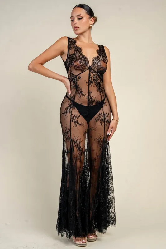 YD30292K / FLORAL MESH LACE MAXI DRESS made by privy