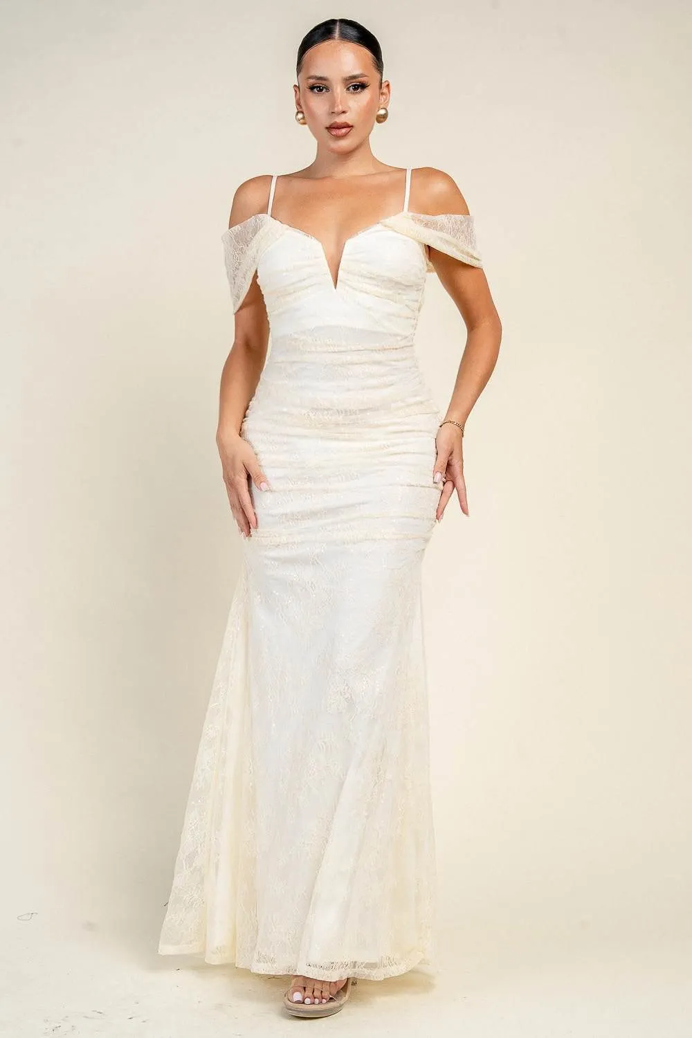 PD79825N / OFF SHOULDER LACE MAXI DRESS sold by privy