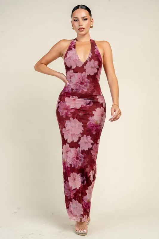 PD79286KW / MESH PRINT HALTER NECK BACK SLIT MAXI DRESS made by privy