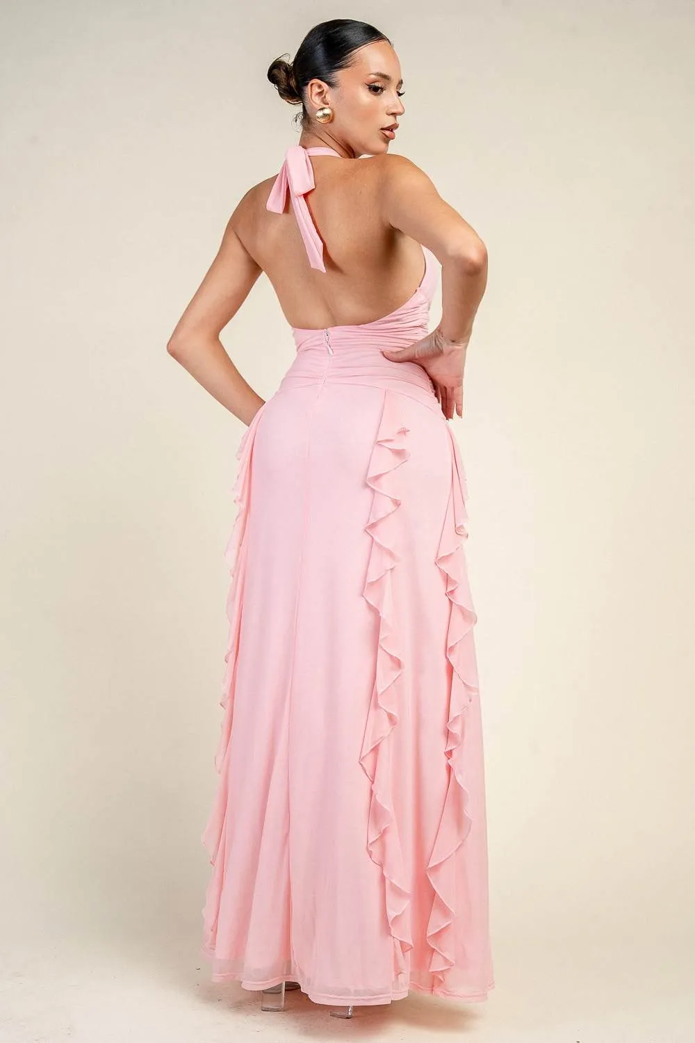 PD79864K / V-NECK HALTER CASCADE RUFFLE MAXI DRESS sold by privy product image thumbnail 3