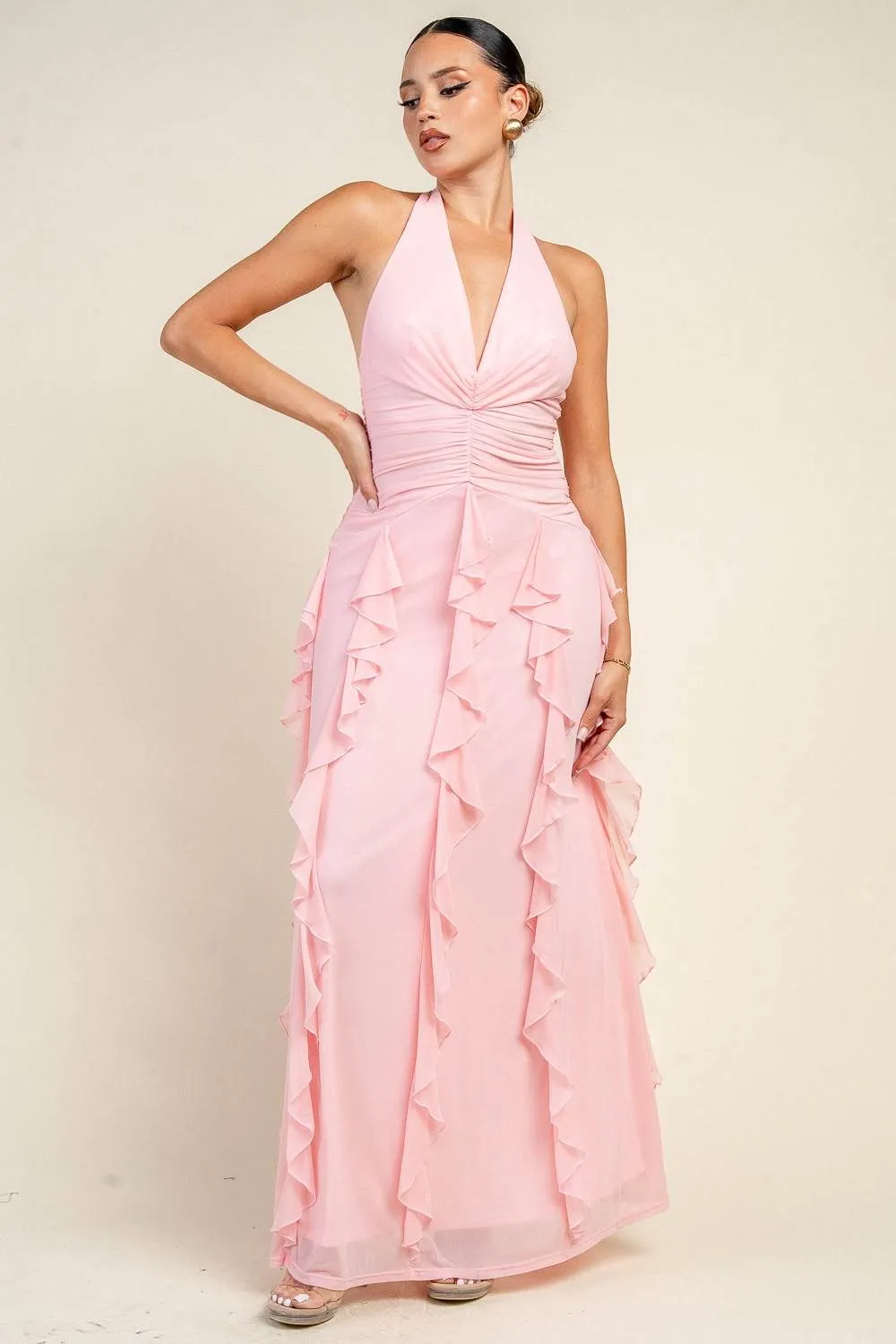 PD79864K / V-NECK HALTER CASCADE RUFFLE MAXI DRESS sold by privy product image thumbnail 4