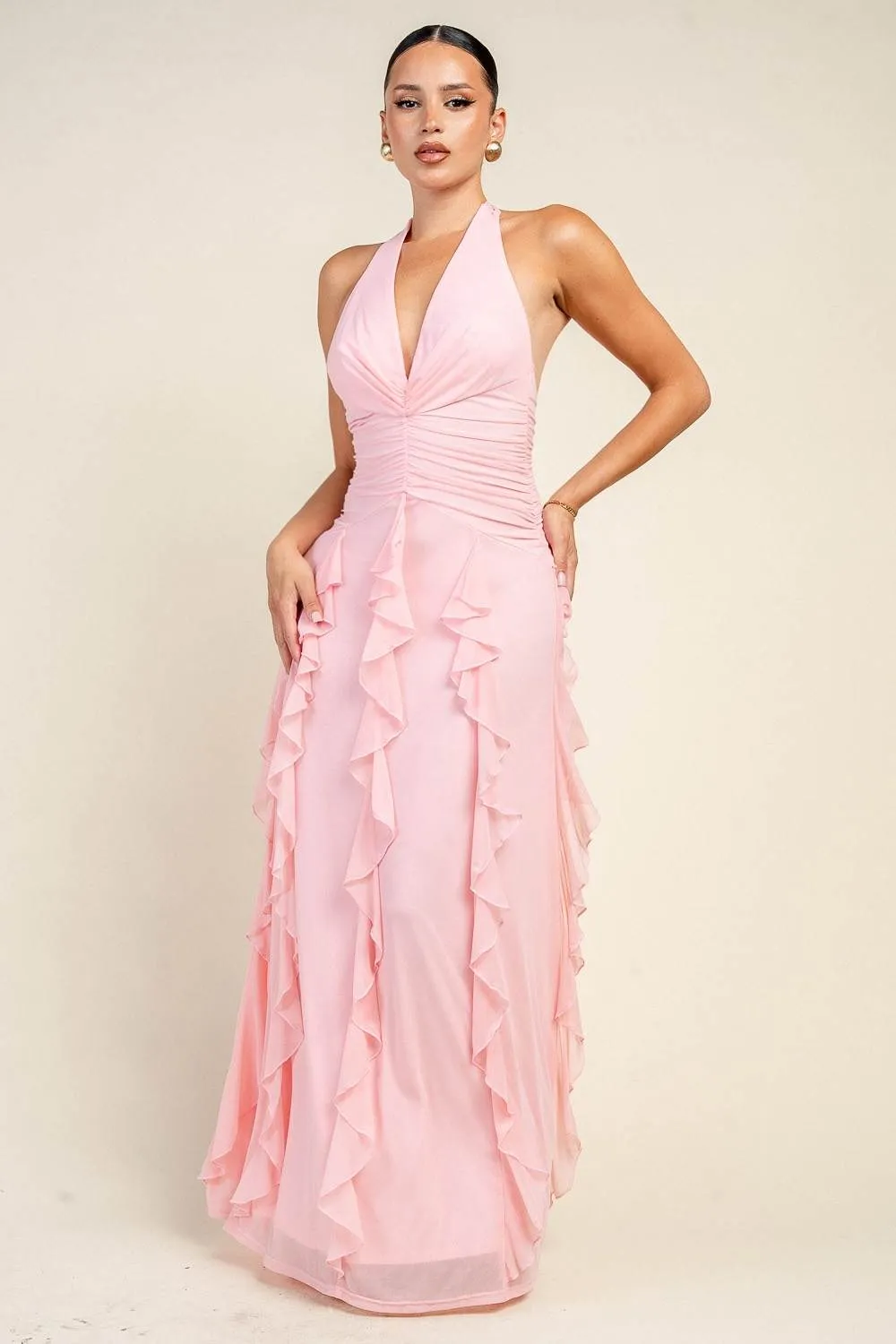PD79864K / V-NECK HALTER CASCADE RUFFLE MAXI DRESS sold by privy