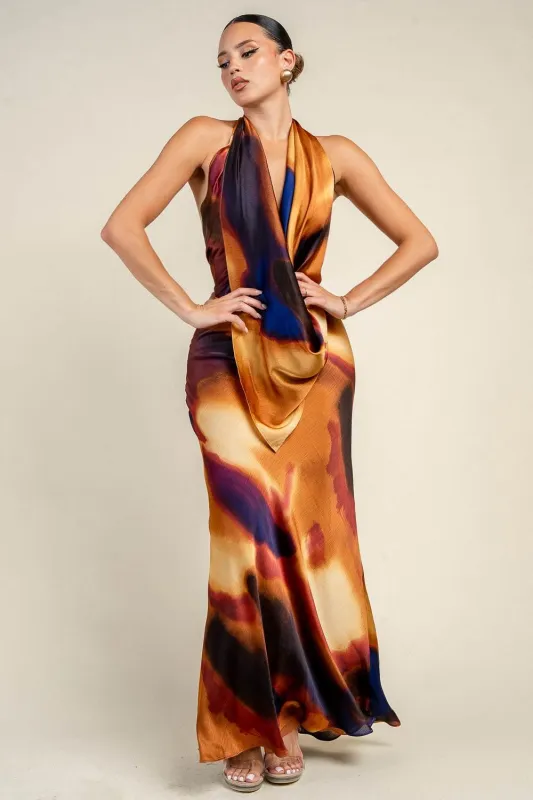 PD79725B / HALTER COWL NECK MAXI OPEN BACK DRESS made by privy