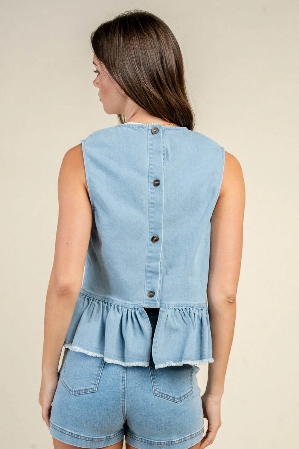BT3453N / PEPLUM CREW NECK SLEEVELESS TOP W/ BUTTON UP BACK sold by privy product image thumbnail 3