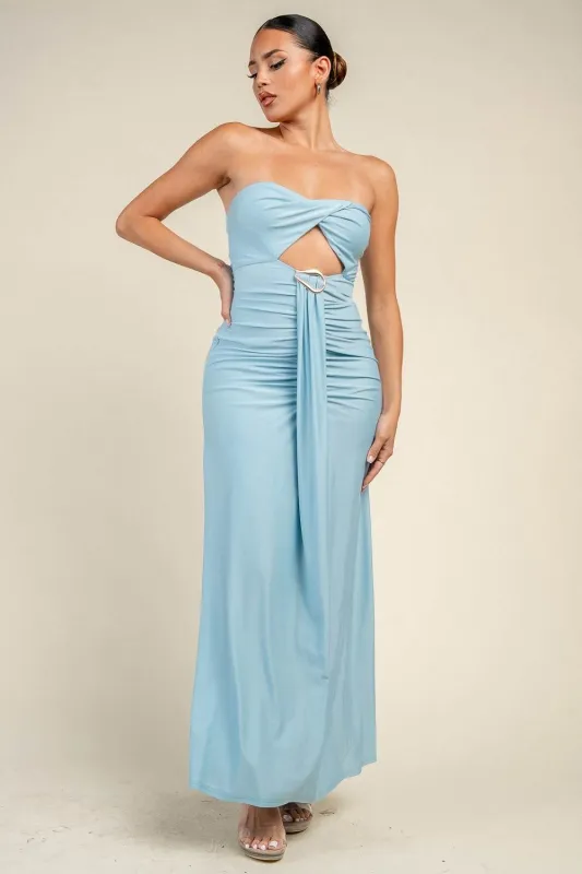 PD79871N / STRAPELESS TWIST FRONT MIDI DRESS made by privy