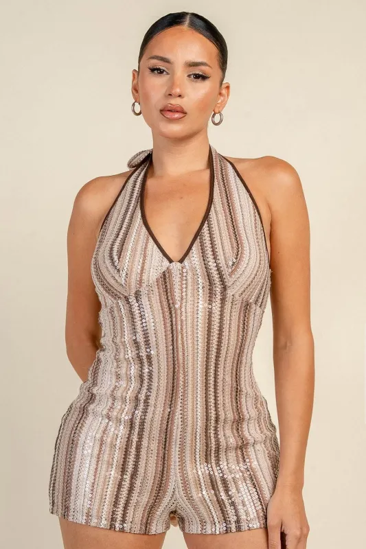 YJ1033S / CLEAR SEQUIN STRIPE KNIT HALTER ROMPER made by privy