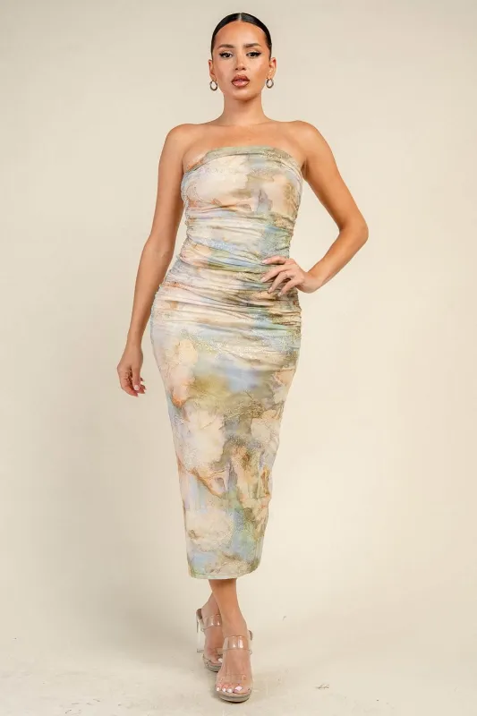 PD79851D / STRAPLESS PRINT RUCHED MINI DRESS made by privy