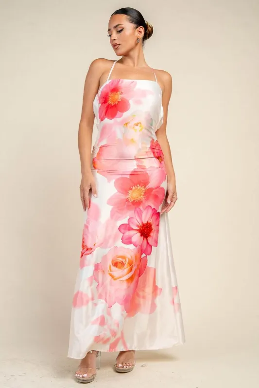 PD79588K / STRAPLESS BIF ORAL PRINT BACK COWL MAXI DRESS made by privy