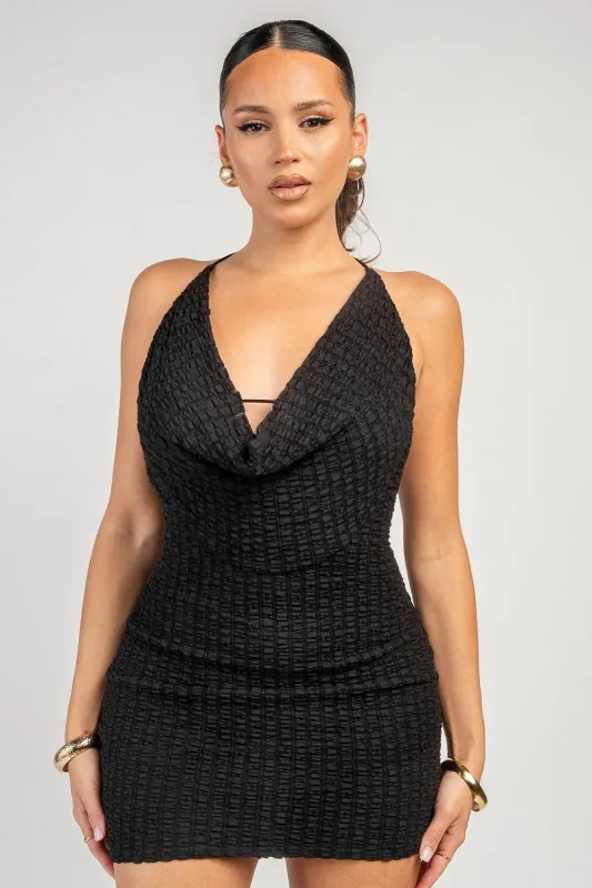 YD30182K / STRETCH LACE WITH COLOR BEAD RING COWL MINI DRESS made by privy