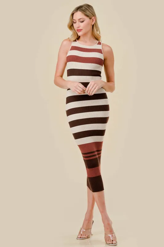 BD12337C / STRIPE RIB SWEATER ROUND NECK BODYCON MIDI DRESS made by privy