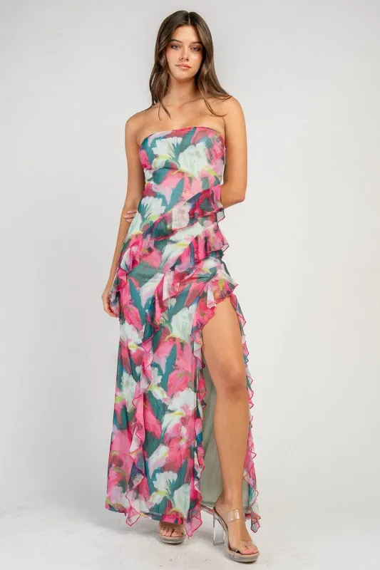 BD13435E / FLORAL MAXI DRESS W/ FLAT RUFFLE DETAILS made by privy