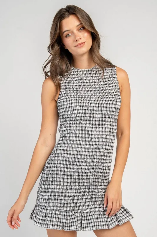 CD31103C / S/S FITTED MINI CRINKLE GINGHAM DRESS made by privy