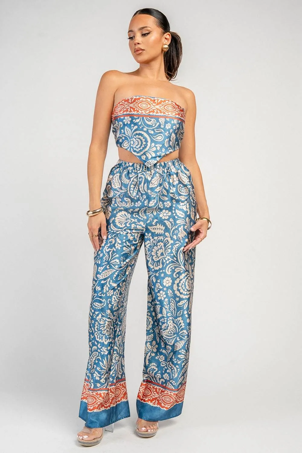 HS5079B / STRAPLESS HANKERCHIEF TOP AND PANTS SET sold by privy
