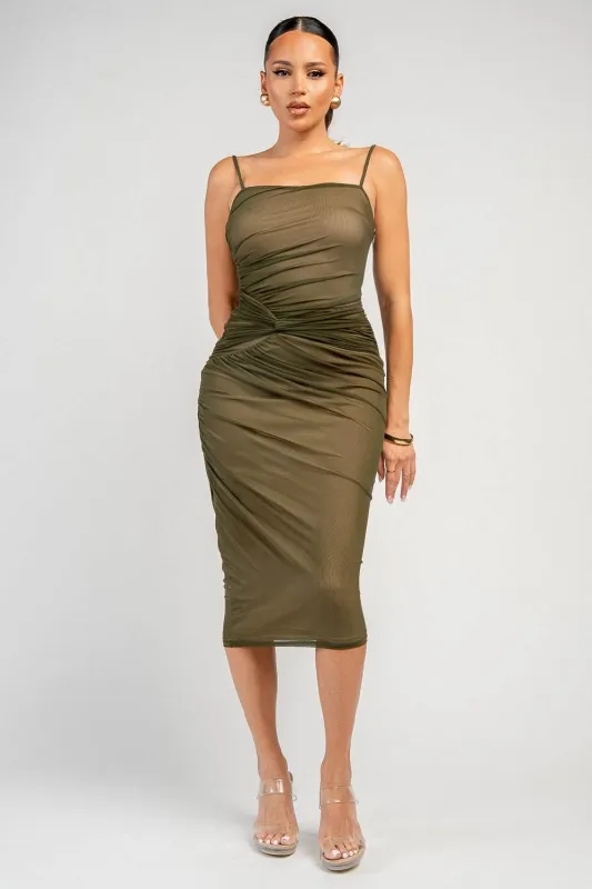 PD79866N / RUCHED MESH MIDI DRESS made by privy