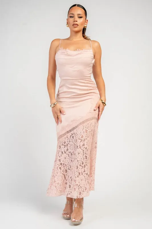 PD79889D / LACE DETAIL SATIN MIDI DRESS made by privy