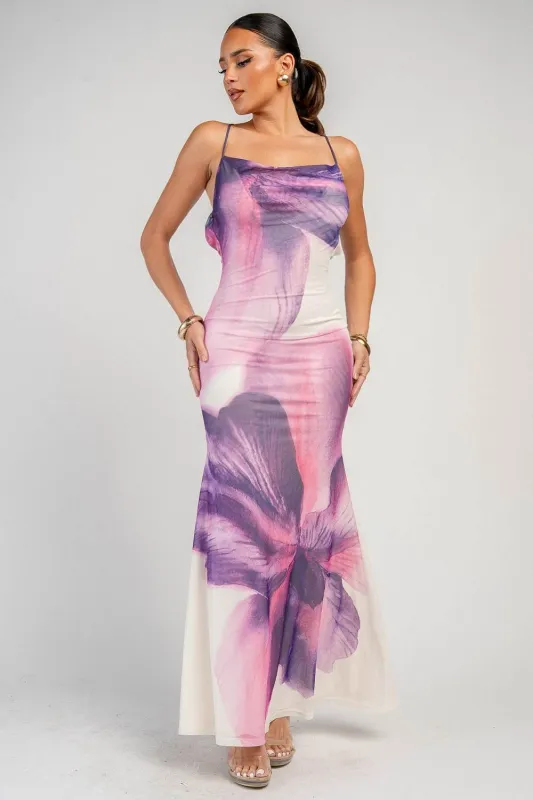 YD30360B / MESH PRINT WITH COWL NECK MAXI DRESS made by privy