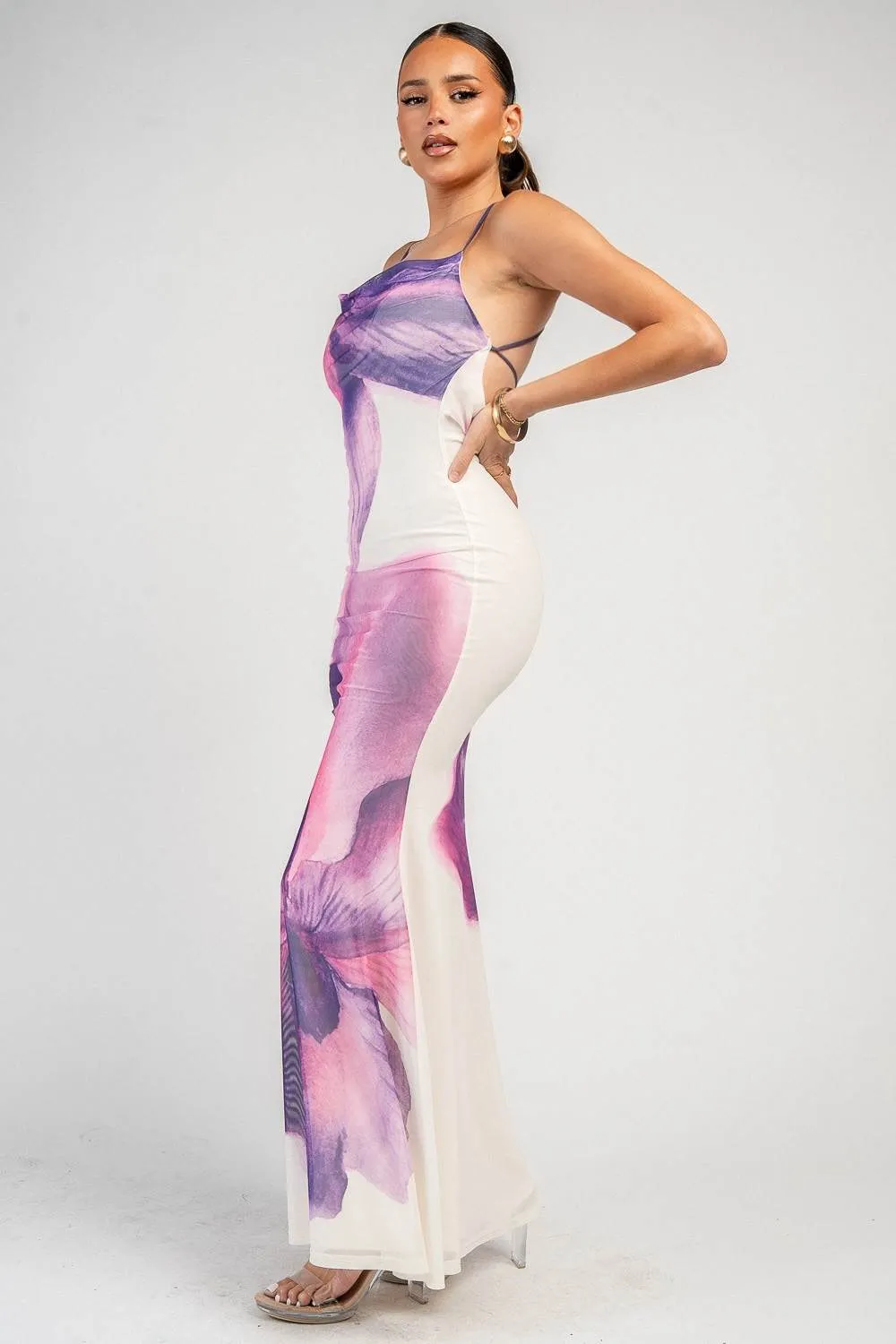 YD30360B / MESH PRINT WITH COWL NECK MAXI DRESS sold by privy product image thumbnail 2